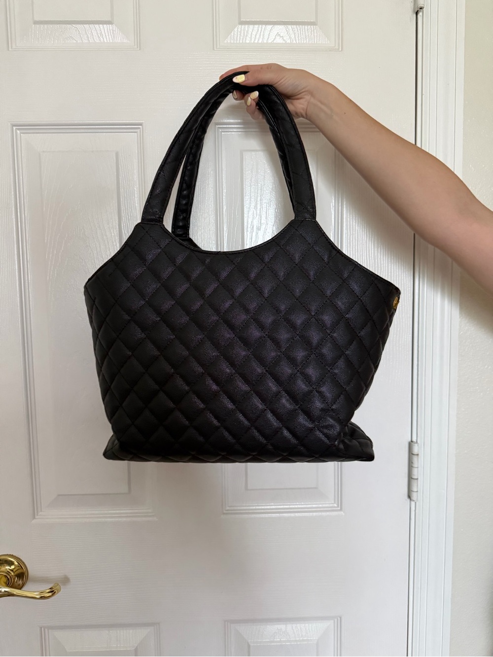 Quilted Black faux Leather Tote with Gold Monogram - Picture 2 of 4